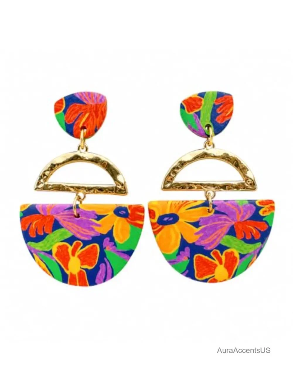 Boho Gold-Tone Clay Dangle Earrings, Floral Statement Jewelry